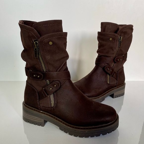 Combat Moto Boots - Faux Suede - Dark Brown - Lug Sole - Side Zipper - NWT - Picture 8 of 13